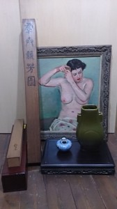 大清光緒年製 耳付花瓶 掛軸　油絵